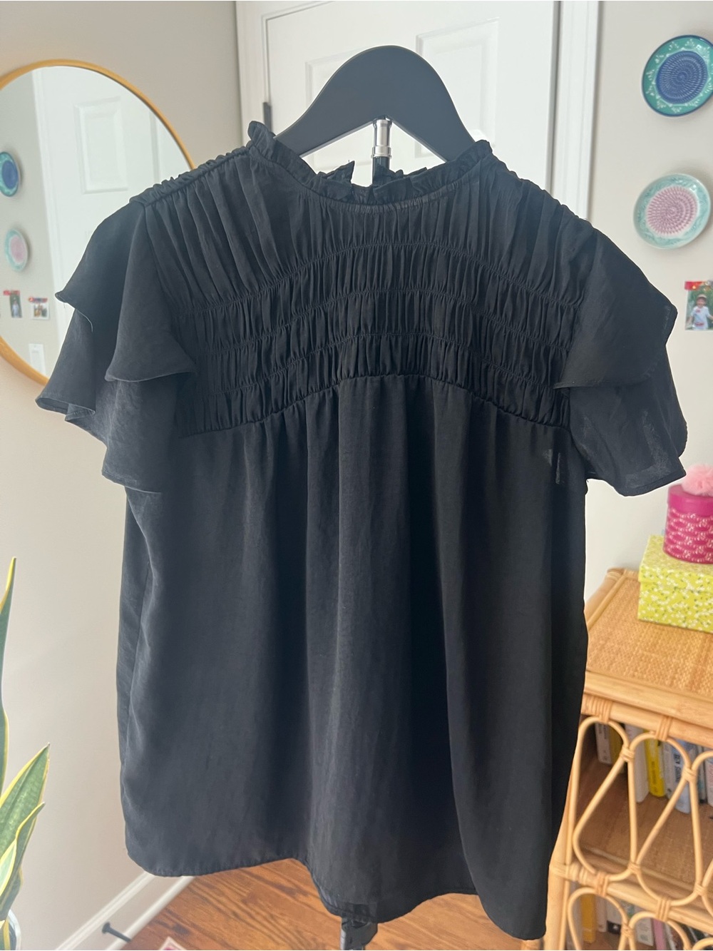 Ann Taylor Black Smocked Ruffle Flutter Sleeve Top